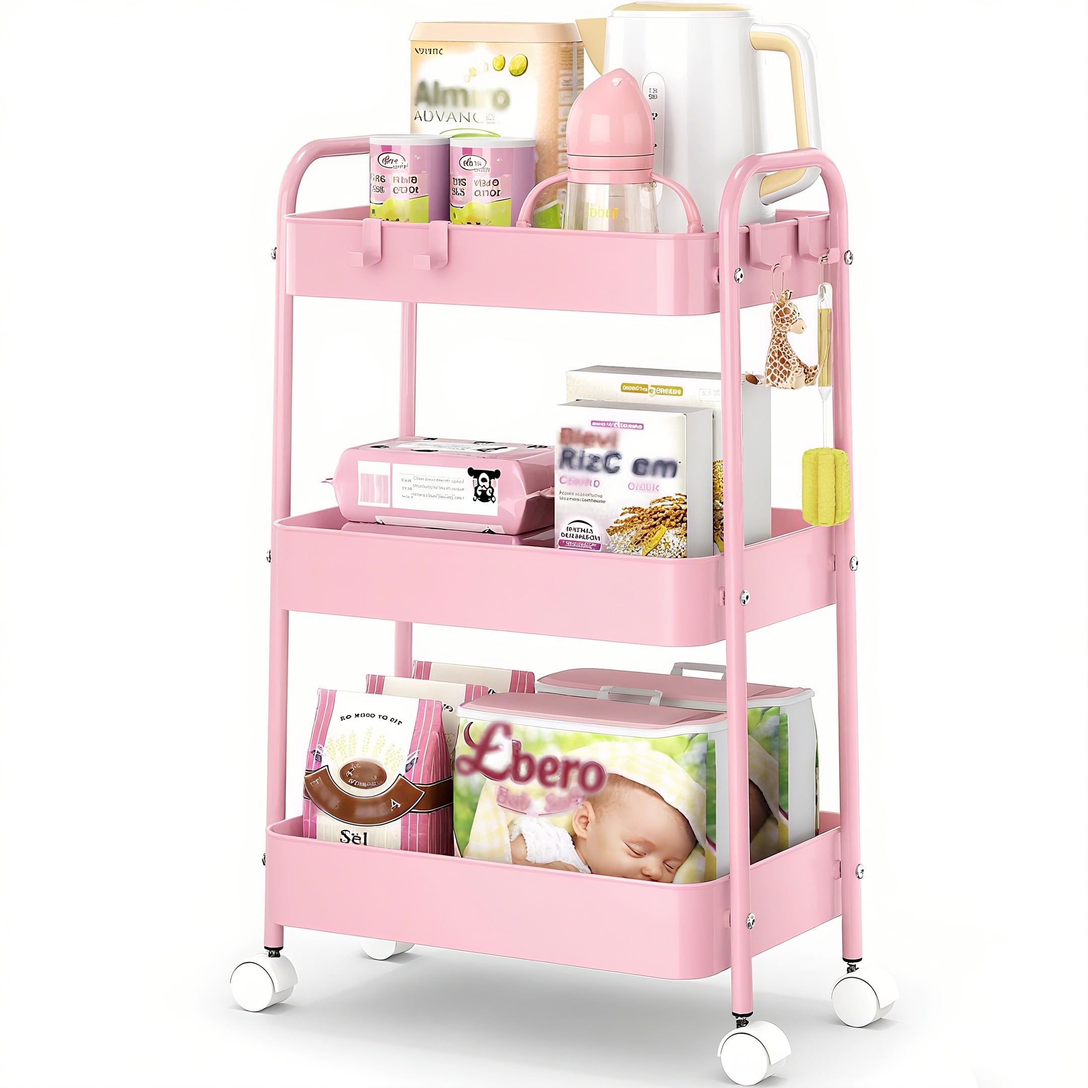 Baby Nursery Essentials - 3 Tier Metal Rolling Cart With