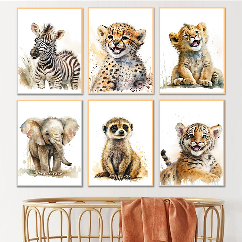 Baby Zebra Nursery - Watercolor Animals Baby Cheetah Giraffe Elephant