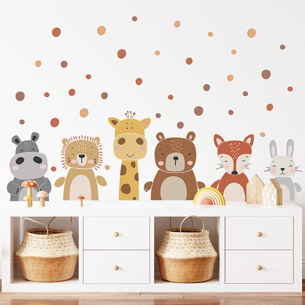 Baby Nursery Peel And Stick Wallpaper - Boho Cute Giraffe Bear Animals Dots