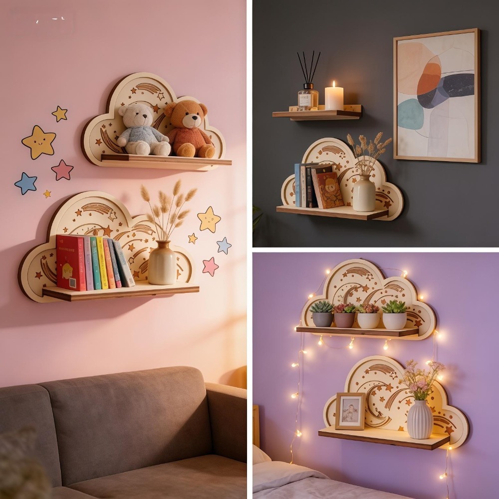 Wooden Cloud Wall Shelf Star M - Baby Nursery Floating Shelves review and price
