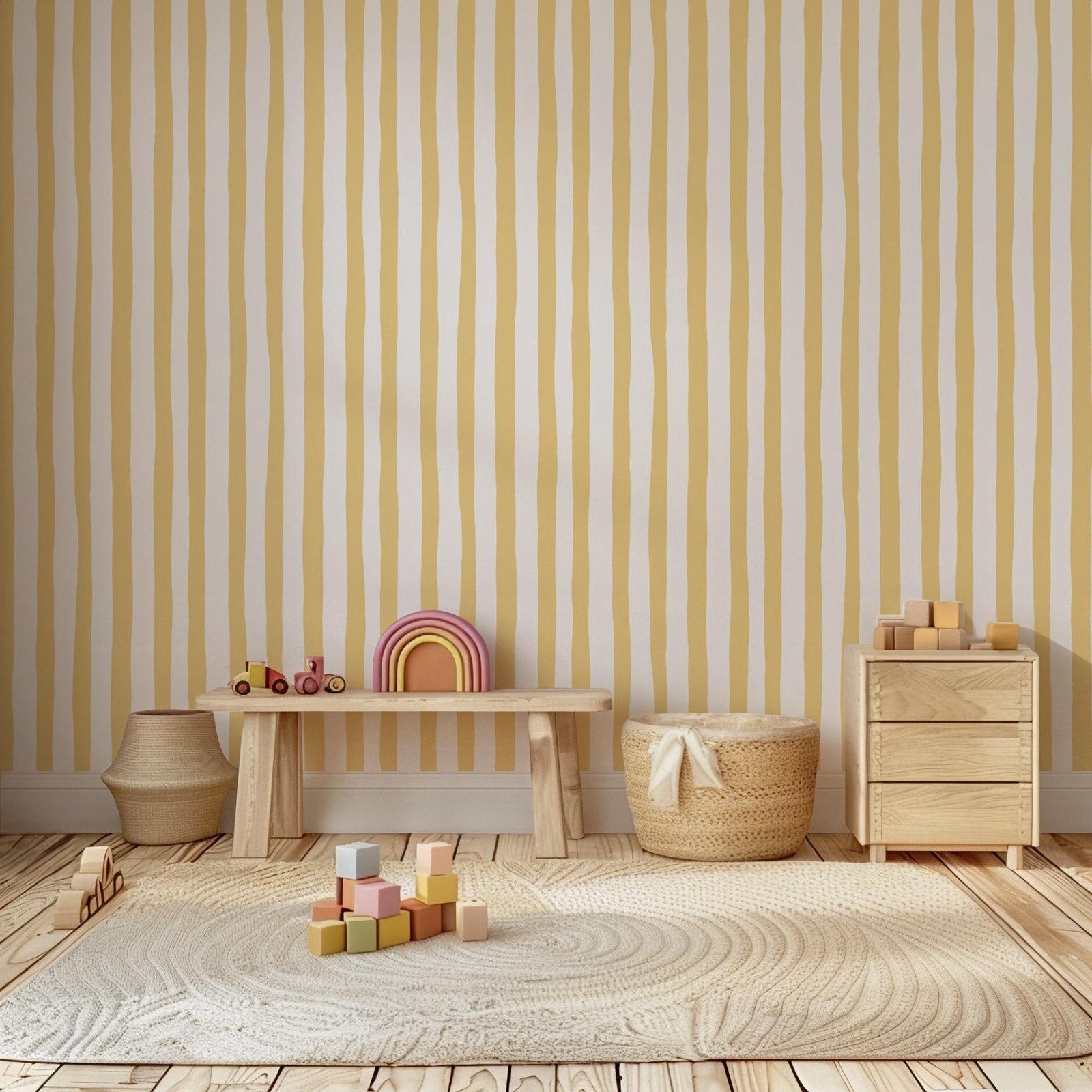 Sunshine Yellow Wobbly Stripes - Baby Nursery Peel And Stick Wallpaper review and price