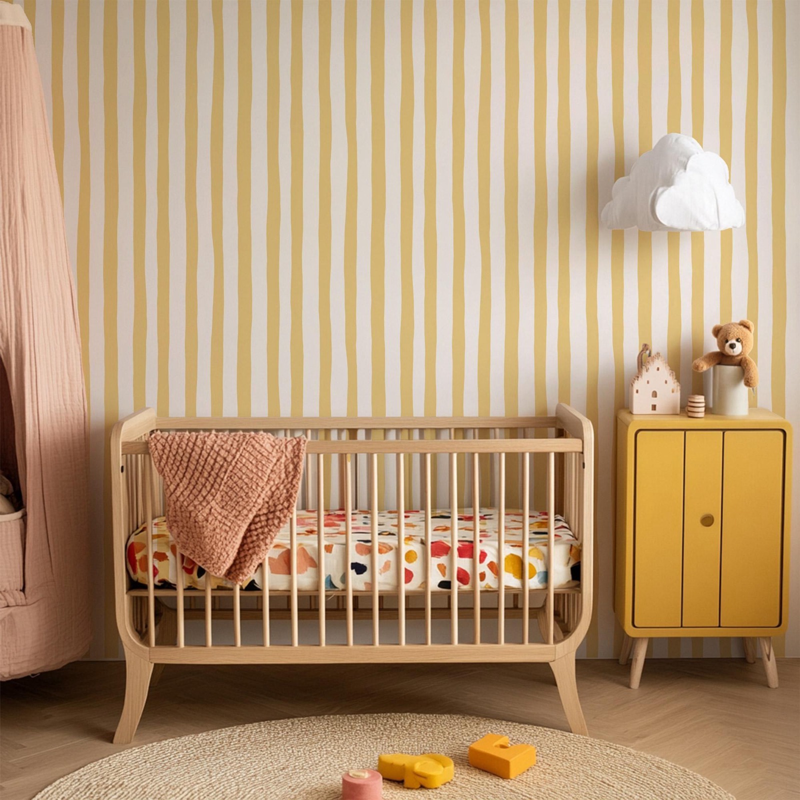 Sunshine Yellow Wobbly Stripes - Baby Nursery Peel And Stick Wallpaper review and price